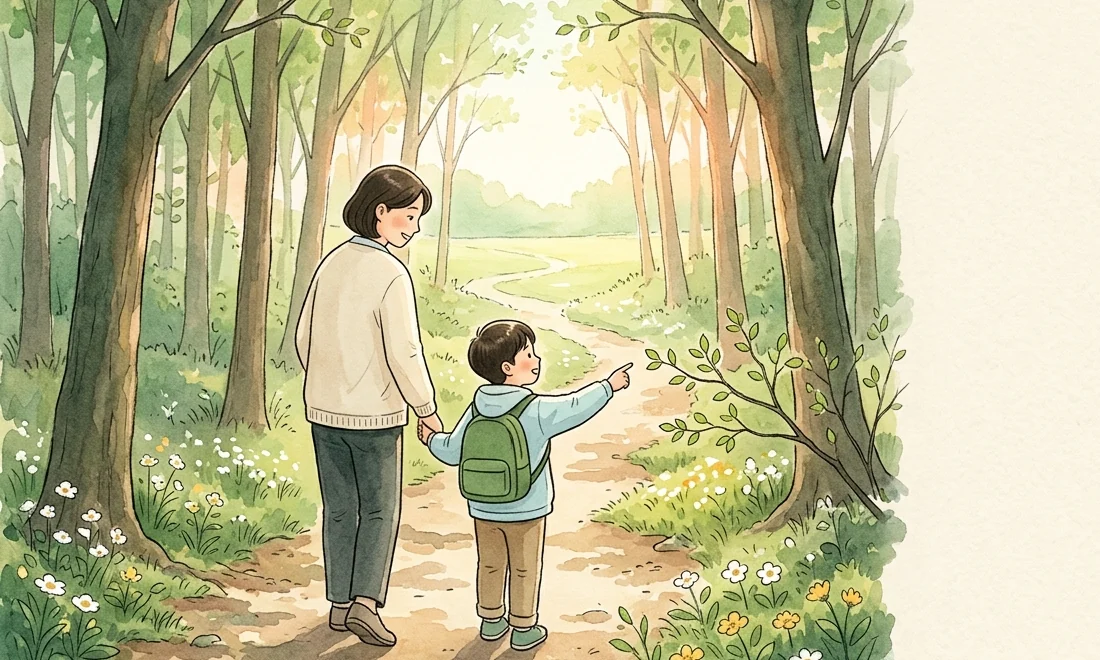 봄 숲길을 손잡고 걷는 부모와 아이 수채화